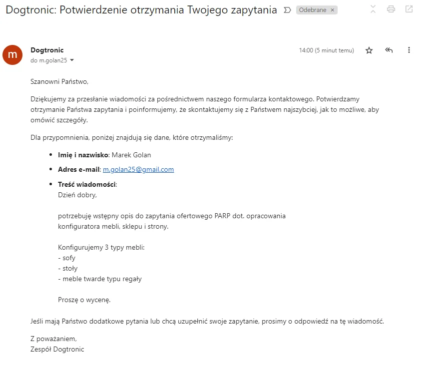 Przykład powiadomienia email.